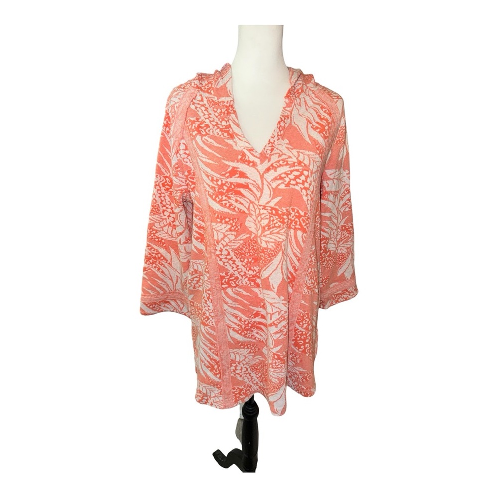Soft Surroundings Tunic Top Sz Medium 3/4 Sleeve 
Coral and White Hooded Tunic